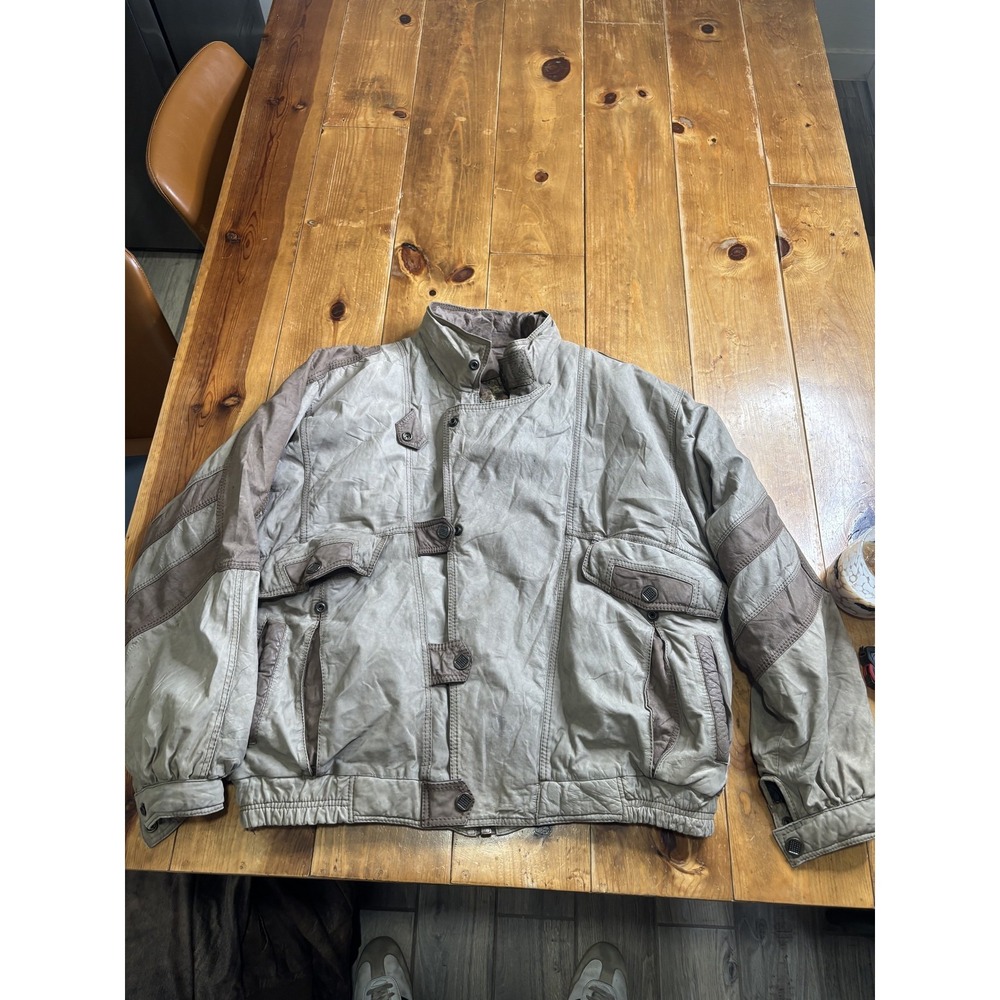 HECHIZO‎ Men's XL Natural Leather Bomber Jacket Two-Tone Map Lining Pilot Zipper